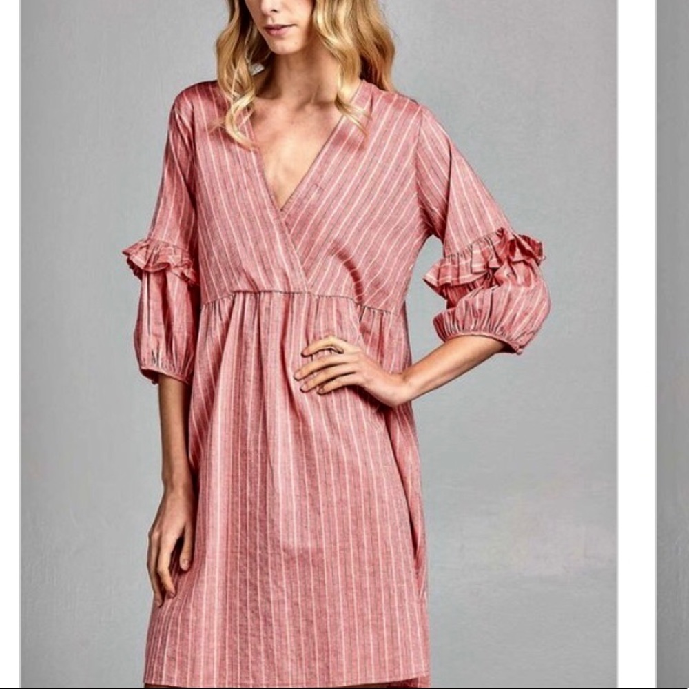 Babydoll vneck ruffle sleeves corral striped dress - Picture 4 of 6